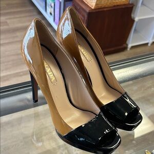 Prada Women's Black and Tan Peep Toe Heels